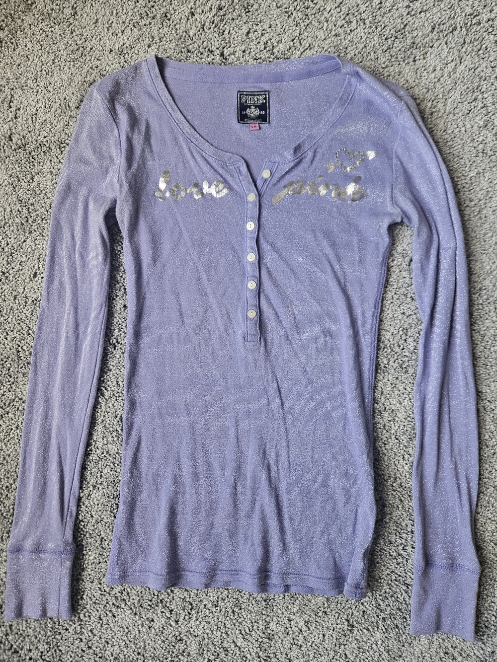 PINK Victoria's Secret Lavender Long Sleeve Henley with Metallic Script